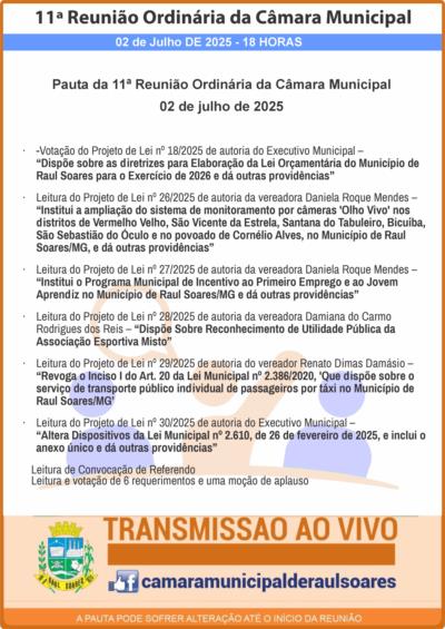 11ª Reunião da Câmara Municipal de Raul Soares